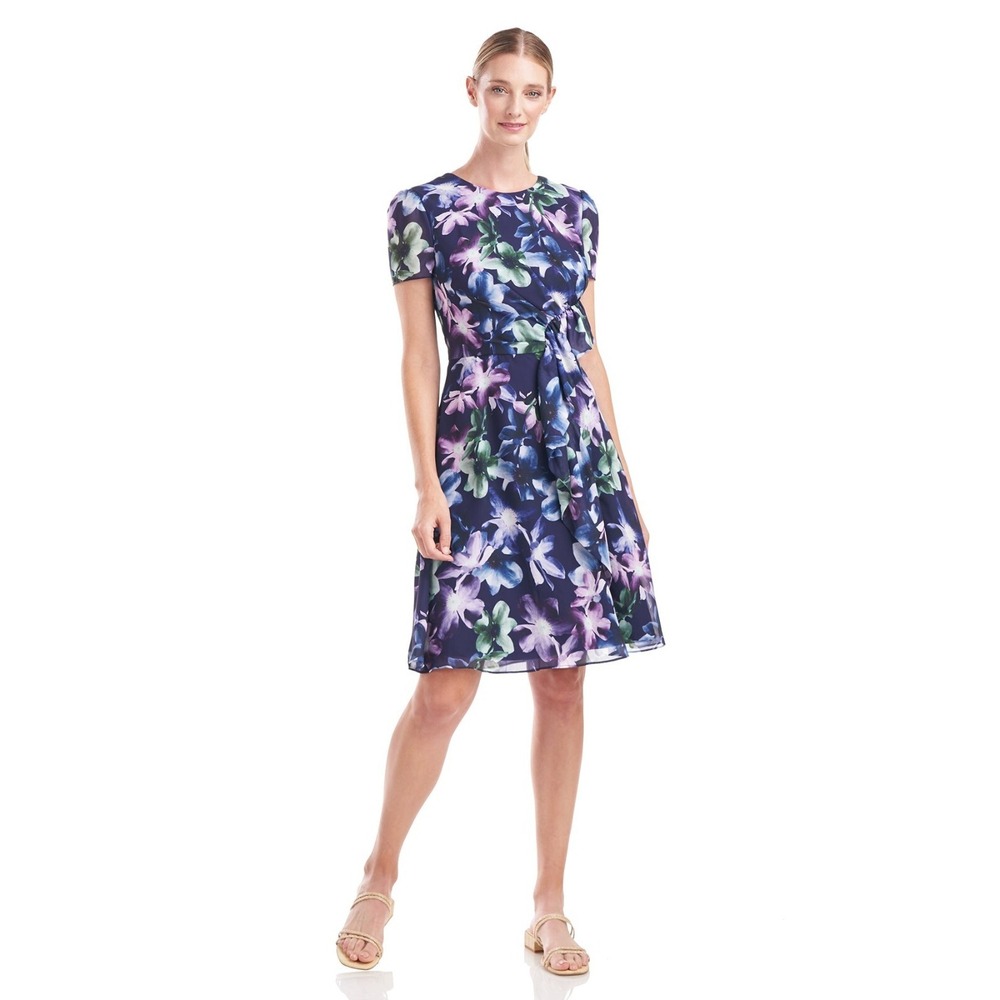 Kay Unger Floral Fit Flare Dress‎ Womens 6 Chiffon Ruffle Wedding Guest NWT